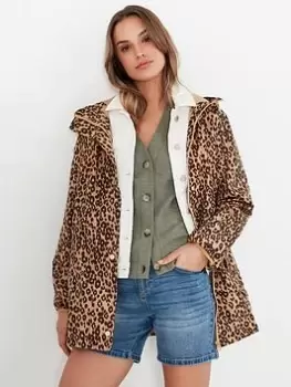 Image of Joules Brookside Print Short Waterproof Jacket - Leopard Print, Size 20, Women