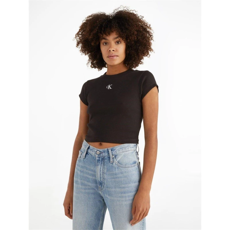 Image of Calvin Klein Jeans Mono Rib Cropped T Shirt - Black 12