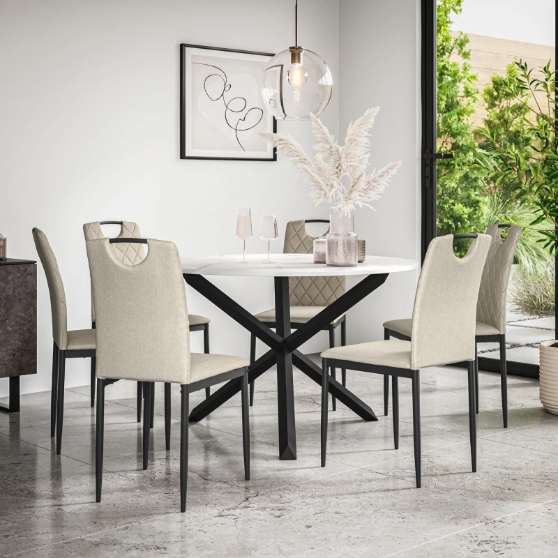 Image of More4Homes Malvern Round Dining Table & Chairs - Marble Table Top w Solid Oak Black Legs + Monza Fabric Dining Chair Set Of 6 in Beige Beige Unisex