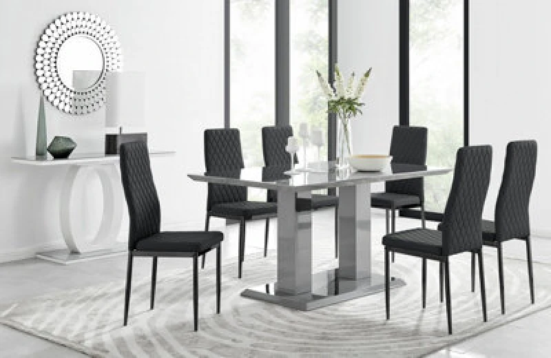 Image of FurnitureboxUK FurnitureboxUK Imperia 6 Grey Dining Table and 6 Milan Black Leg Chairs Black One Size Unisex 5056542641510