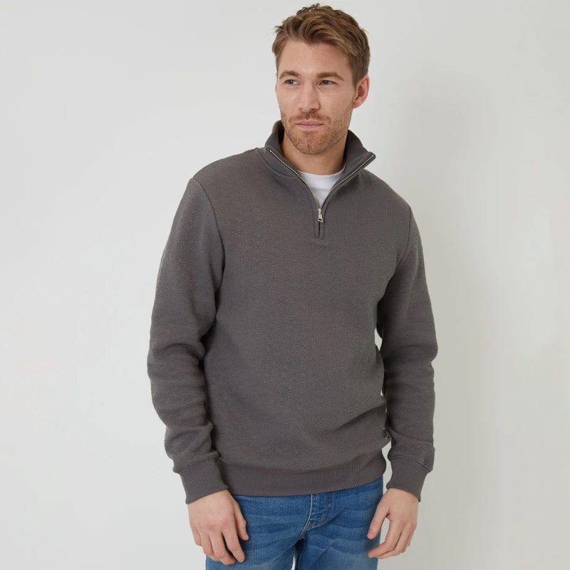 Image of Threadbare Threadbare Men 'Disco' Jacquard Textured Quarter Zip Sweatshirt in Dark Grey Size: Medium Dark Grey M Male 7625914461704