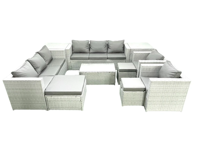 Image of Fimous Outdoor Rattan Sofa Garden Furniture Set with 2 Armchairs Oblong Coffee Table 3 Footstools 2 Side Tables Light Grey Mixed Light Grey