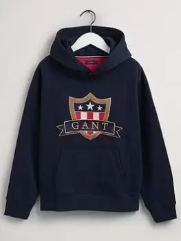 Image of Boys, Gant Kids Banner Shield Hoodie - Evening Blue, Evening Blue, Size 16 Years