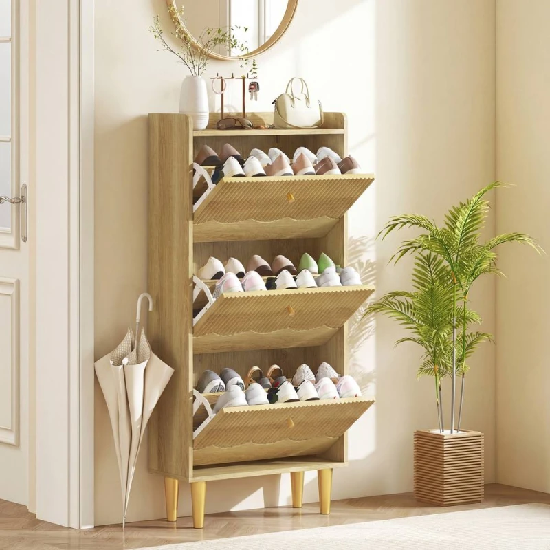 Image of HOMCOM Narrow Shoe Cabinet, Shoe Storage Cabinet with 3 Flip Drawers, Oak in Natural Natural Unisex