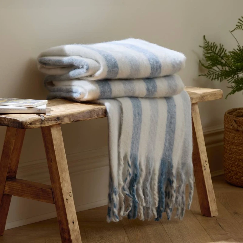 Image of Wylder Beechwood 100% Cotton Woven Stripe Throw in Blue Size: 140cm x 180cm Blue Unisex 140cm x 180 cm