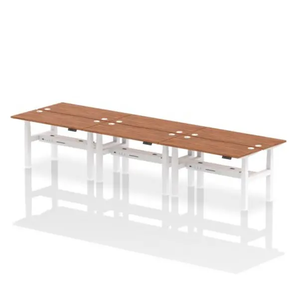 Image of Air Air Back-to-Back 1400 x 600mm Height Adjustable 6 Person Bench Desk Walnut Top with Cable Ports White Frame HASCP6P14600WNTW