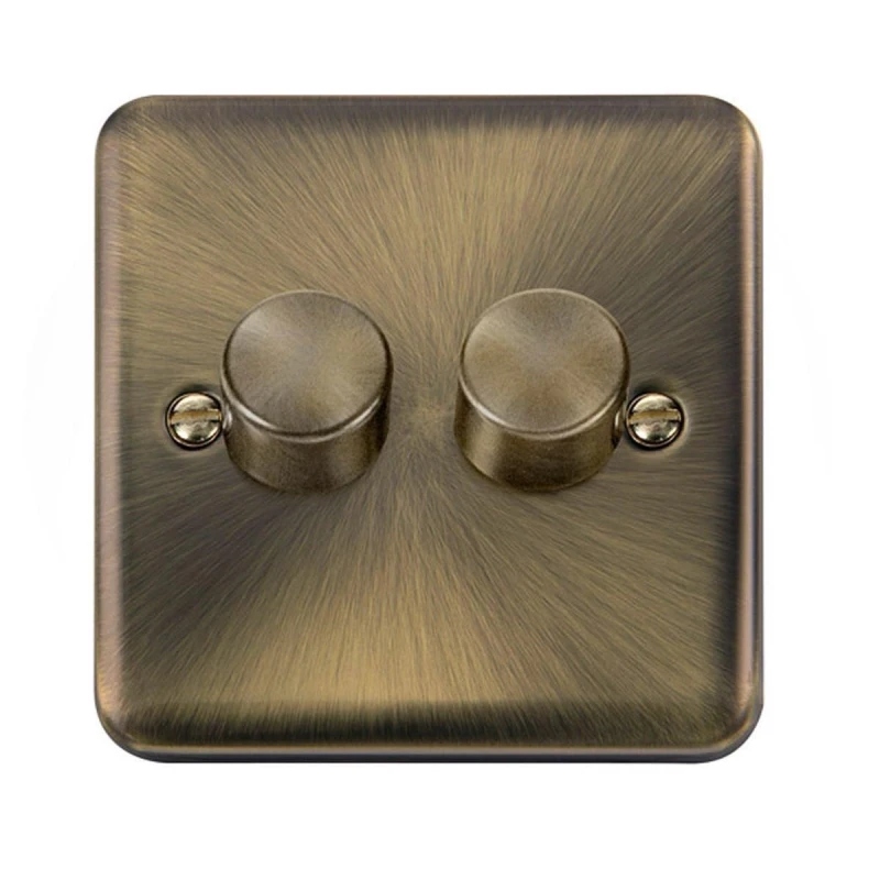 Image of SE Home Curved Antique Brass 2 Gang 2 Way LED 100W Trailing Edge Dimmer Light Switch Gold
