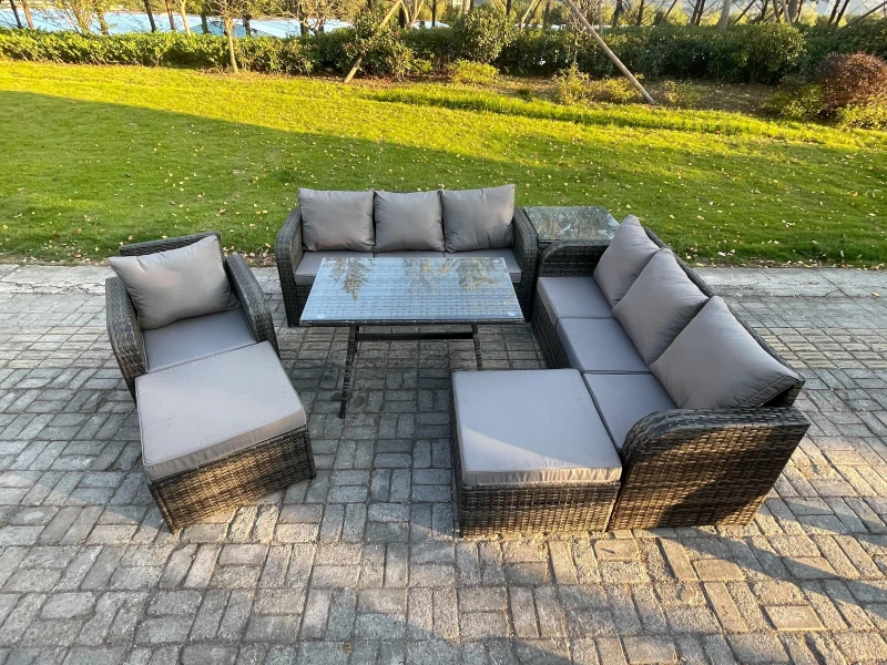 Image of Fimous Wicker 7 Pieces Rattan Garden Furniture Sofa Set with Rectangular Dining Table Armchair 2 Big Footstool Side Table Dark Grey Mixed Dark Grey