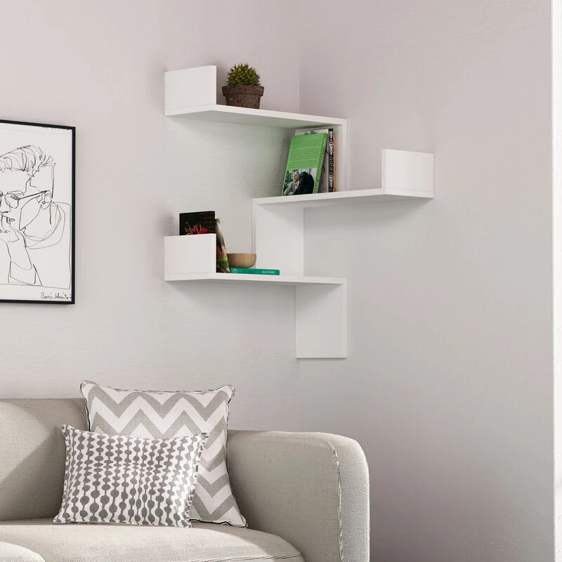 Image of DECORTIE Luksa Corner Wall Mounted Modern Bookcase Display Unit w 60cm Medium - White - White - Decortie M.KT.01.12704.6
