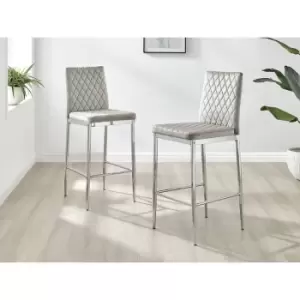 Image of Set of 2 Furniturebox Milan Bar Stools In Cappuccino Beige Velvet With Silver Metal Legs Contemporary Hatched Diamond Pattern Stitching Dining Living