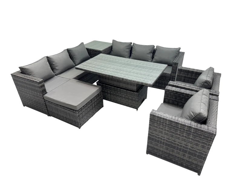 Image of Fimous 9 Seater Outdoor Garden Rattan Furniture Set with Side Table Big Stool in Dark Grey Dark Grey Unisex