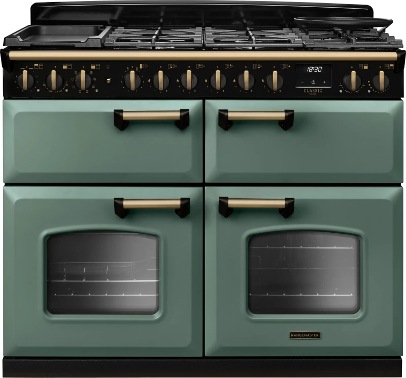 Image of Rangemaster Classic Deluxe 110 CLDLB110DFPMGR/AB1 110cm wide Dual Fuel Range Cooker with Gas Hob - Mineral Green / Antique Brass - A/A/A Rated