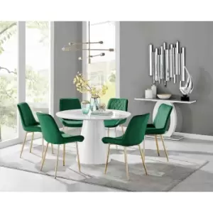 Image of Furniture Box Palma White High Gloss Round Dining Table and 6 Green Pesaro Gold Leg Chairs