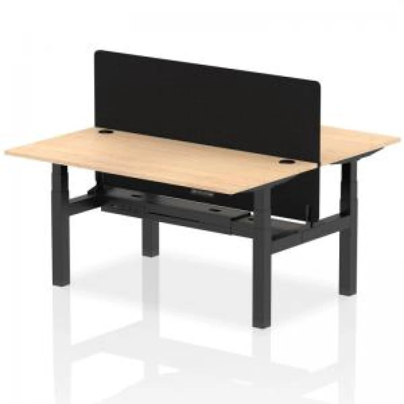 Image of Air Back - to - Back 1600 x 800mm Height Adjustable 2 Person Bench Office Desk Maple Top - Cable Ports Black Frame - Black Straight Screen