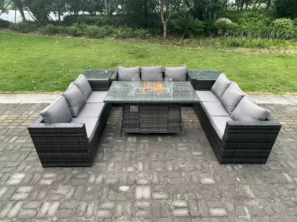 Image of Fimous 9 Seater Outdoor Dark Grey Rattan Lounge Complete Sofa Set with Gas Fire Pit Dining Table, Gas Heater, and Side Tables
