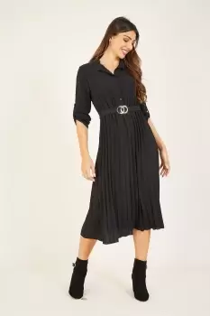 Image of Black Pleated Skirt Midi Shirt Dress