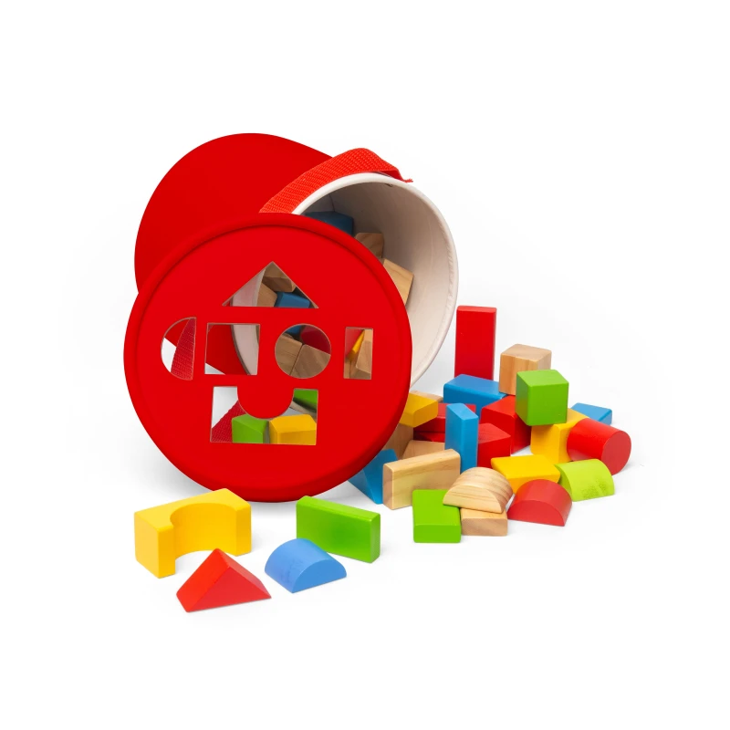 Image of Bigjigs Toys First Building Bricks - 80pcs Wooden Blocks with Shape Sorter Activity, Red 37001