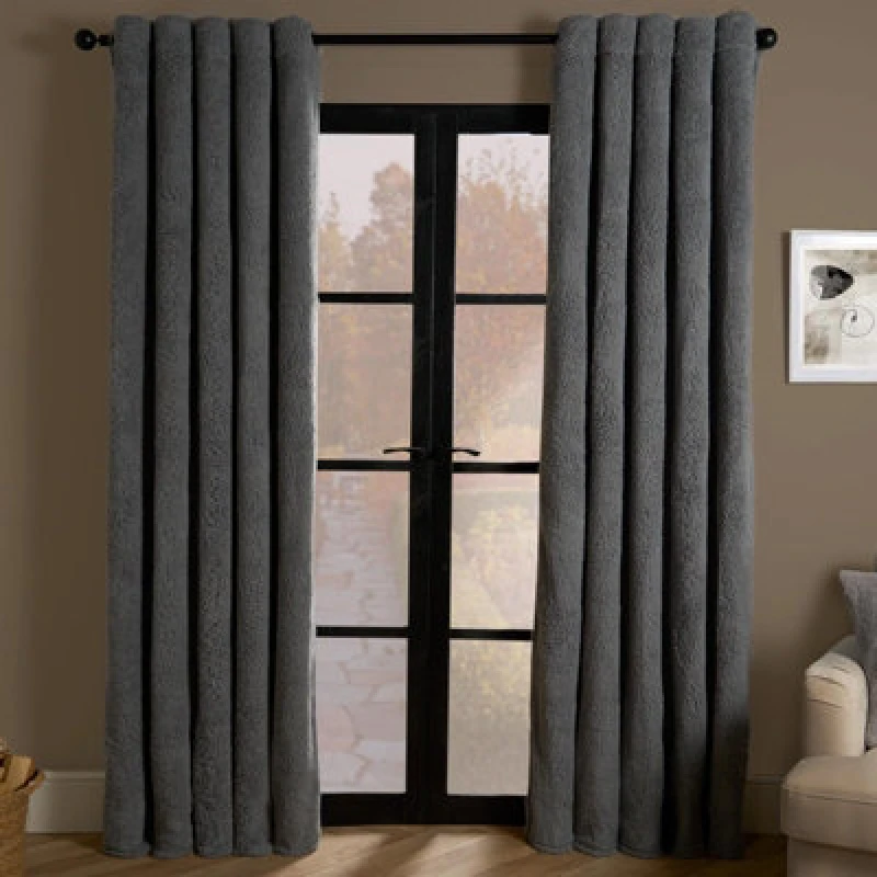 Image of OHS OHS Teddy Fleece Eyelet Curtains Thermal Pair Ready Made Soft Thick Fabric Ring Top in Grey Size: 117cm width x 137cm drop Grey 117cm width x 13