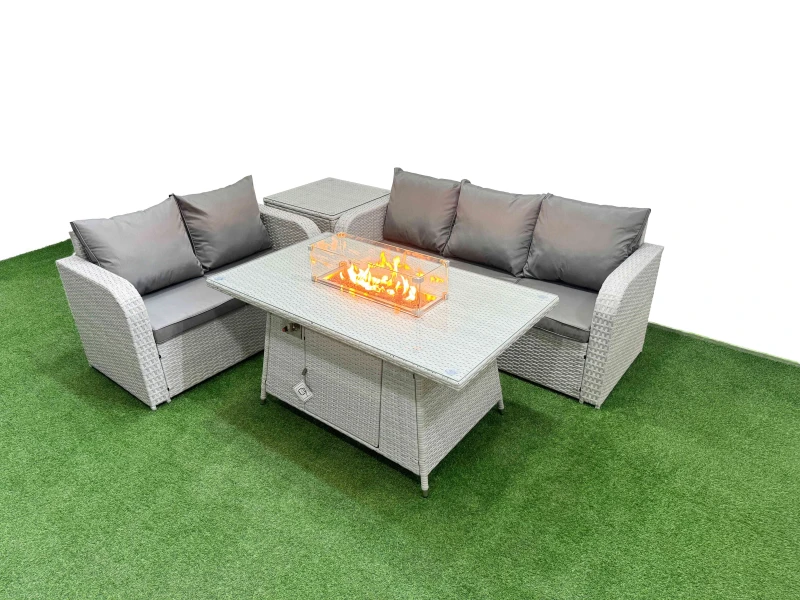 Image of Fimous 5 Seater PE Rattan Wicker Garden Furniture Patio Conservatory Sofa Set with Firepit Dining Table 3 Seater Sofa Love Sofa Side Table Light Grey