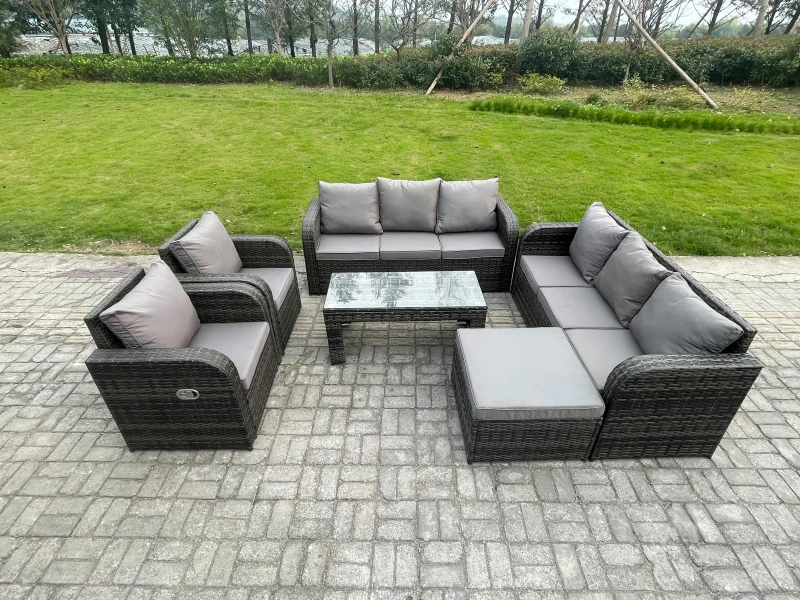 Image of Fimous 9 Seater High Back Rattan Garden Furniture Set with Reclining Chair Rectangular Coffee Table Big Footstool Indoor Outdoor Patio Lounge Sofa Set