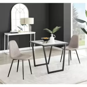Image of Furniturebox Carson White Marble Effect Square Dining Table & 2 Cappuccino Corona Faux Leather Dining Chairs with Black Legs Diamond Stitch