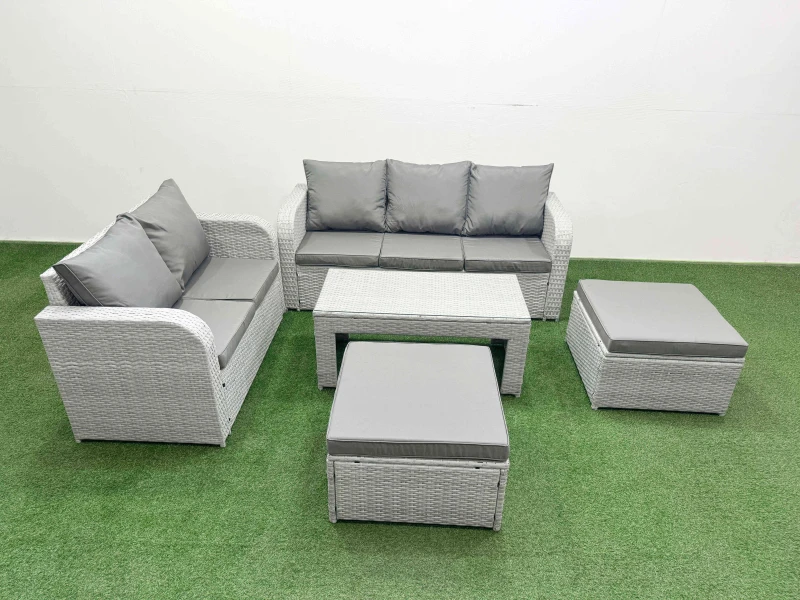 Image of Fimous 7 Seater PE Rattan Wicker Garden Furniture Patio Conservatory Sofa Set with Oblong Coffee Table 3 Seater Sofa Love Sofa 2 Big Footstool Light G