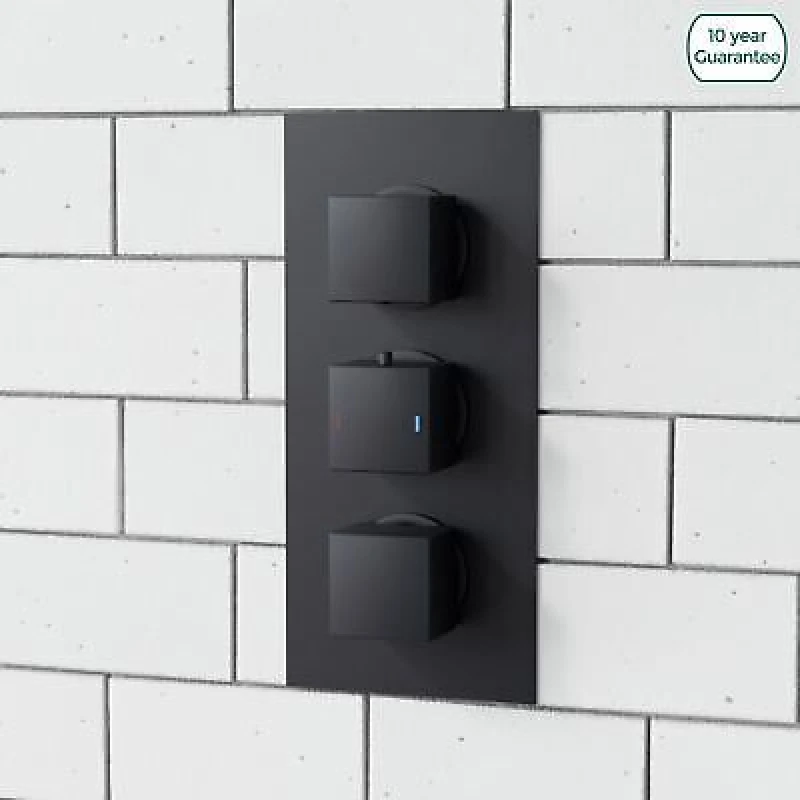 Image of Nes Home Square 3 Dial 2 Outlet Concealed Thermostatic Shower Matt Black Black