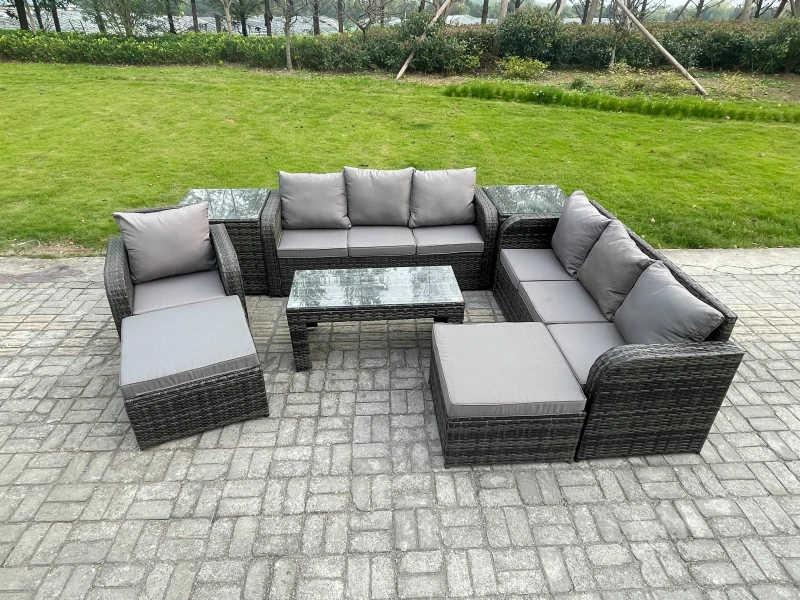 Image of Fimous Outdoor Lounge Sofa Set 9 Seater Rattan Garden Furniture Set with Rectangular Coffee Table 3 Seater Sofa 2 Side Tables 2 Big Footstool Dark Gre