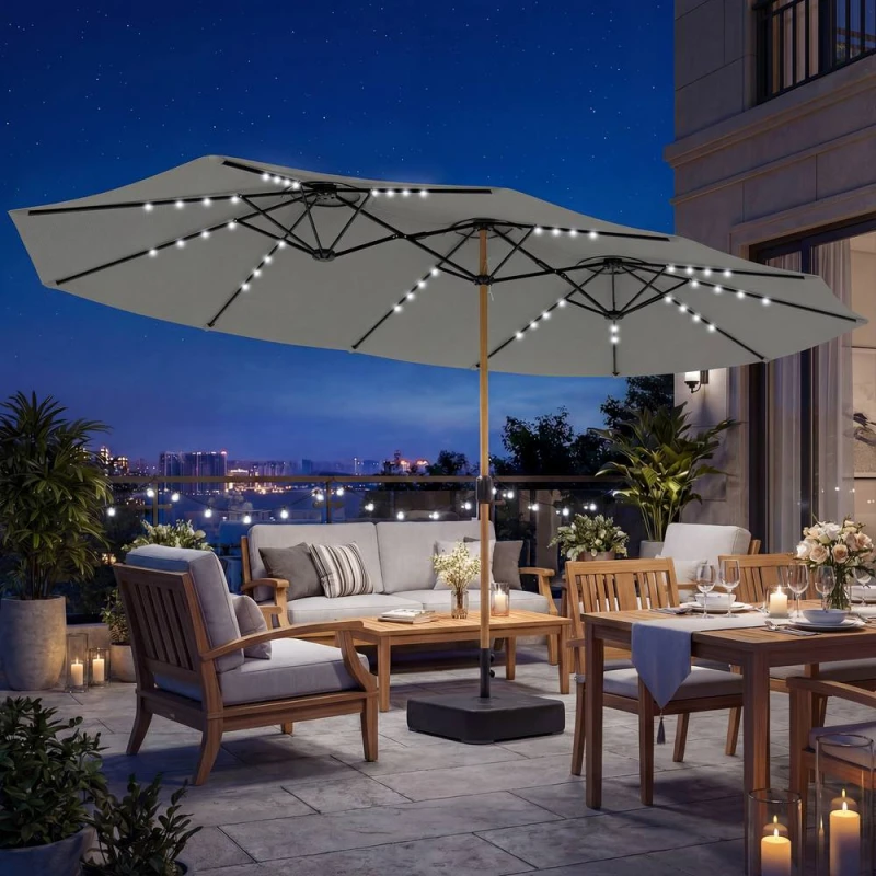 Image of OUTSUNNY Double Sided Garden Parasol w/ 48 Solar LED Lights 4.6m Light Grey Size: 4.5m Light Grey Unisex 4.5m