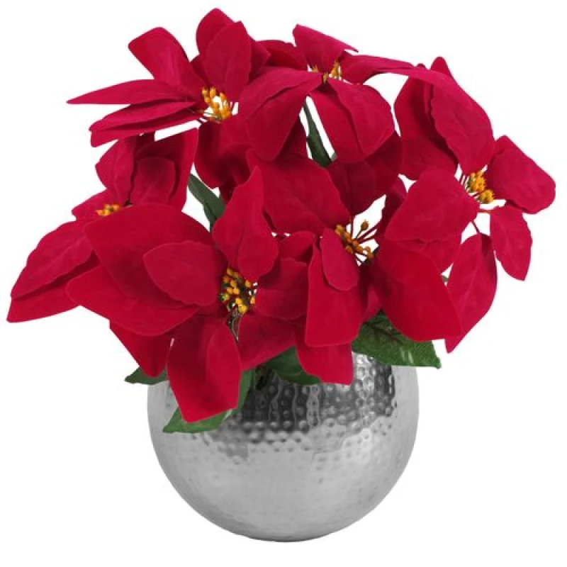Image of Leaf Artificial Christmas Xmas Red Poinsettia 40cm Silver Curved Metal Planter Red