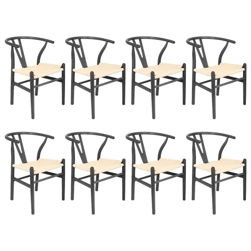 Image of Nicholas Winter 8x Beech Wood Wishbone Dining Chairs - Solid Wood Wish Bone Wood Chairs in Black Unisex