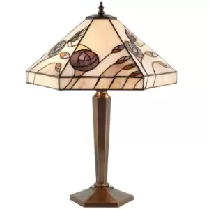 Image of Tiffany Glass Table Lamp Light Antique Patina Bronze & Rose Hex Shade i00183