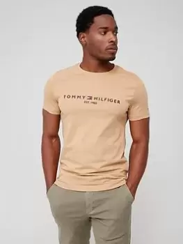 Image of Tommy Hilfiger Logo Embroidered Tee - Tan, Khaki, Size S, Men