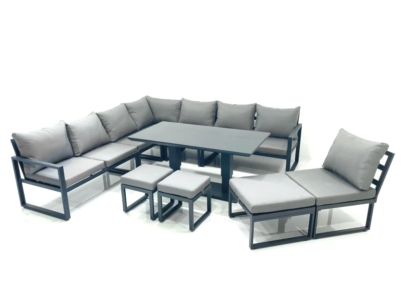 Image of Fimous 11 Seater Outdoor Aluminum Garden Furniture Set Corner Sofa 3 Footstools Rising Lifting Dining Table Sets Dark Grey Dark Grey Unisex