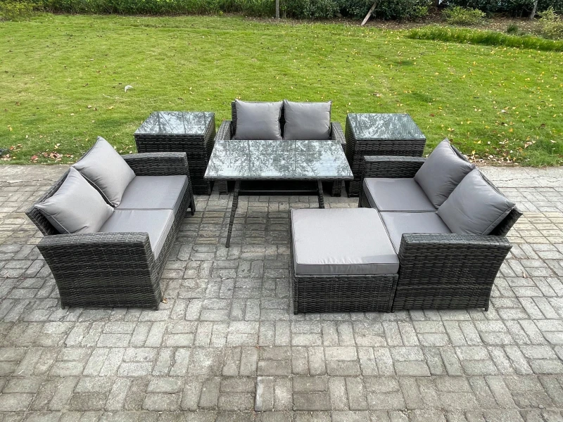 Image of Fimous 7 Pcs Outdoor Lounge Sofa Set Wicker Pe Rattan Garden Furniture Set With Rectangular Dining Table For Balcony