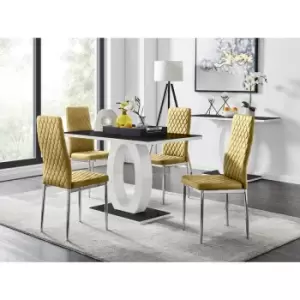 Image of Furniturebox UK - Furniturebox Giovani 4 Black Dining Table & 4 Mustard Milan Velvet Dining Chairs Diamond Stitch Modern Contemporary Chrome Metal