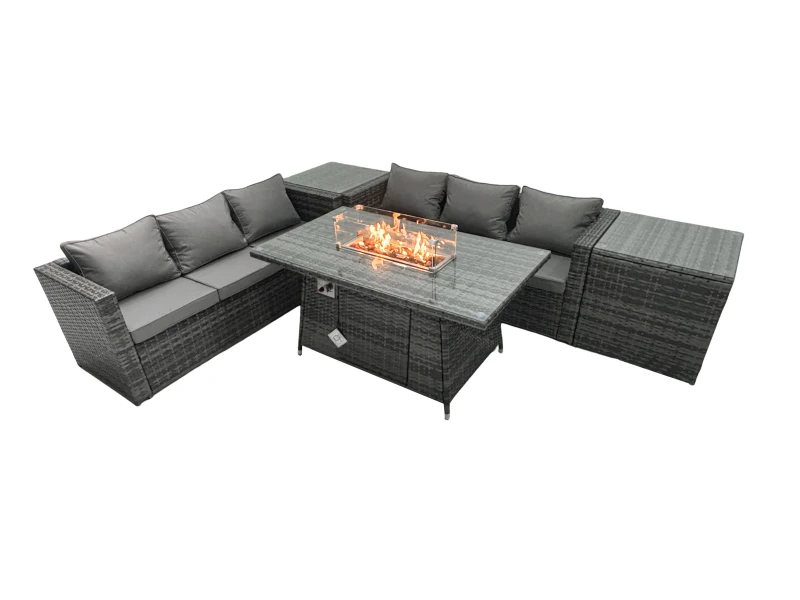 Image of Fimous Rattan Garden Furniture Firepit Dining Set 6 Seater Lounge Sofa Table Set with 2 Side Tables Dark Grey