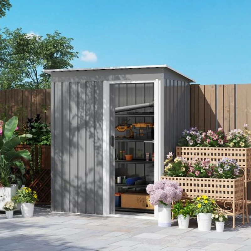 Image of Outsunny 5 x 3ft Garden Storage Shed Sliding Door Sloped Roof Tool - Grey TJ Hughes 5063603001893