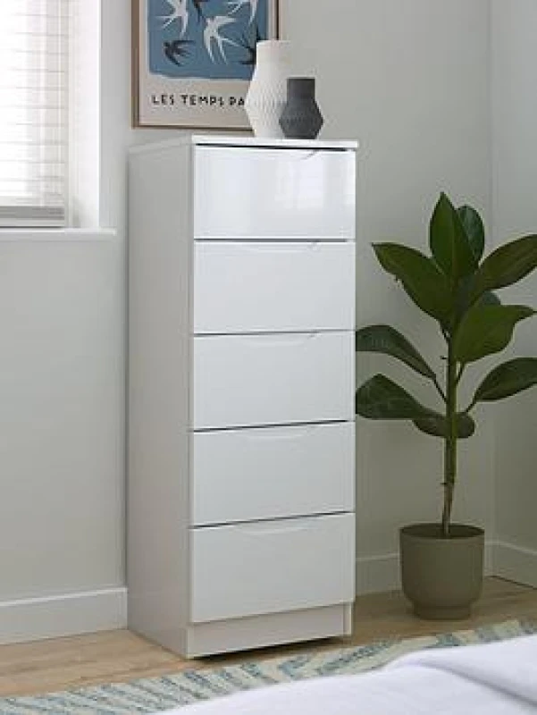 Image of One Call Furniture Antibes 5 Drawer Tallboy Chest Ready Assembled Gloss Fronts Light Grey LELGBT