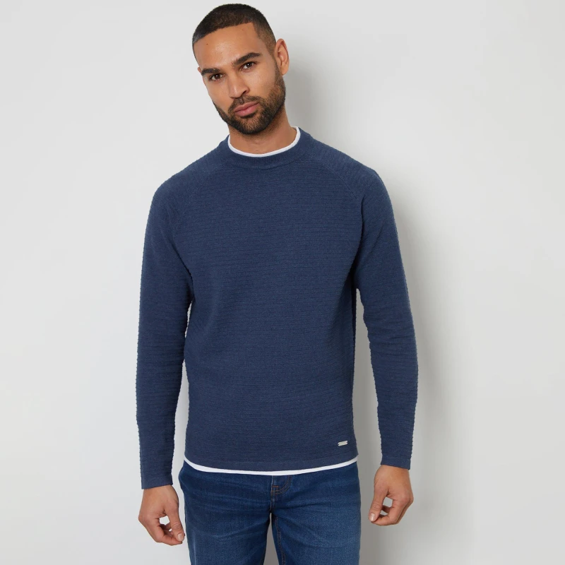 Image of Threadbare Threadbare Textured Mock T-Shirt Crew Neck Jumper - Blue L Male