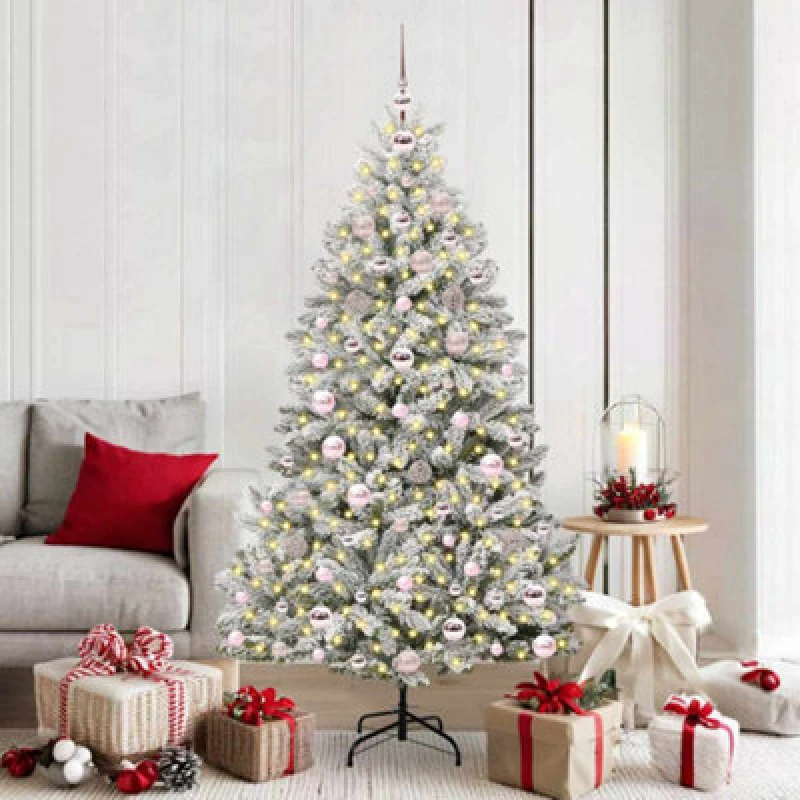 Image of vidaXL Artificial Christmas Tree with Pink Balls Green and White 180cm PVC and Metal, Green 3395750