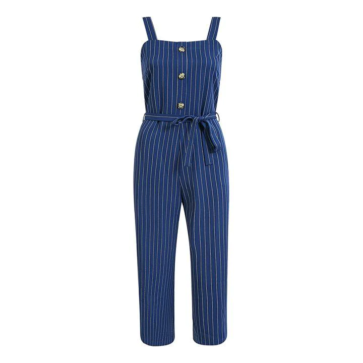 Image of Yumi Navy Stripe Button Dungaree Jumpsuit - 8