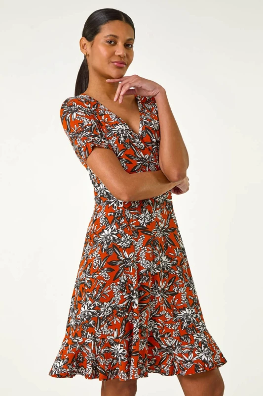 Image of Roman Womens Floral Print V-Neck Wrap Stretch Dress in Orange Size: 18 Orange Female 18