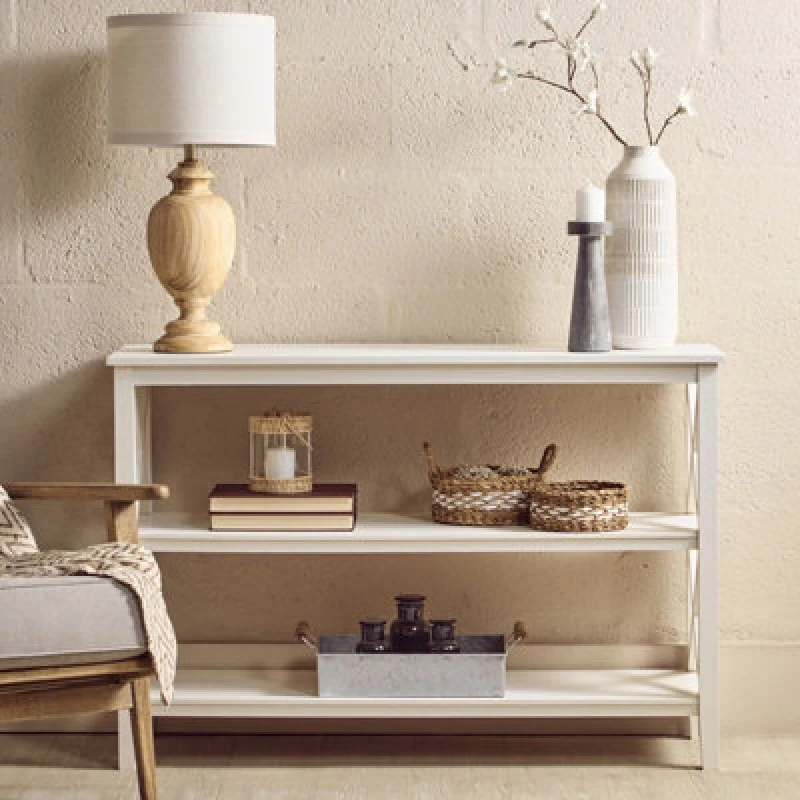 Image of Orsina Three Shelf Wide Ivory Book Case, Pine Wood Tall Book Shelf, Large Book Case For Home & Office