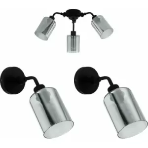 Image of Low Ceiling Light & 2x Matching Wall Lights Black Arm & Vaporized Glass Shade
