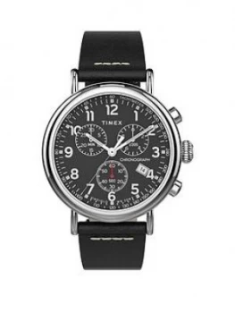 Image of Timex Timex Black And Silver Detail Chronograph Dial Black Leather Strap Mens Watch