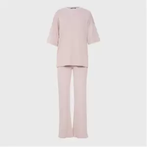 Image of Missguided Rib T Shirt and Wide Leg Trousers Co Ord Set - Pink
