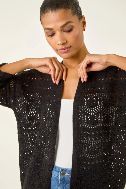 Image of Roman Womens 3/4 Sleeve Stitch Detail Cardigan in Black Size: 12 Black Female 12