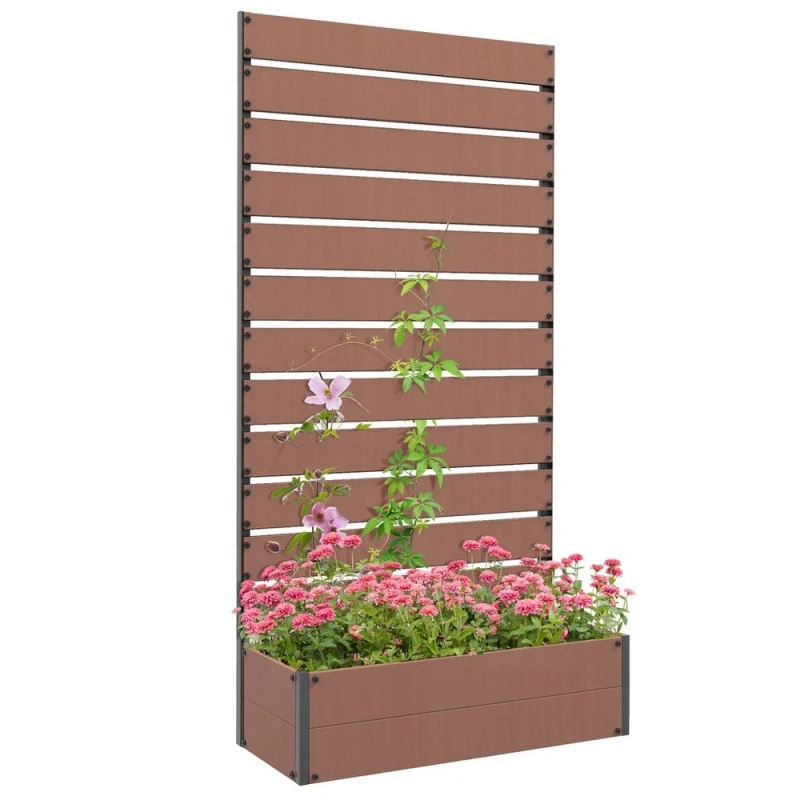 Image of Outsunny Raised Garden Bed with Trellis Standing Patio Planter Box Light Brown, Brown 84H-077V00LR
