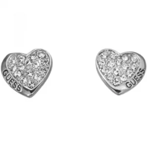 Image of GUESS rhodium plated heart stud earrings with Swarovski crystal pave setting.